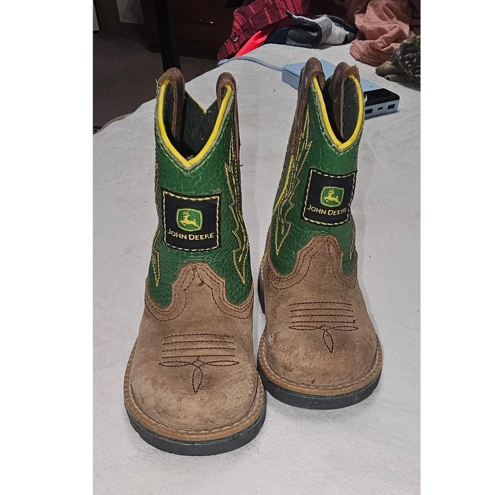 John Deere Infant Boys Brown Green Western Cowboy Boots Dan Post  Size 4.5M